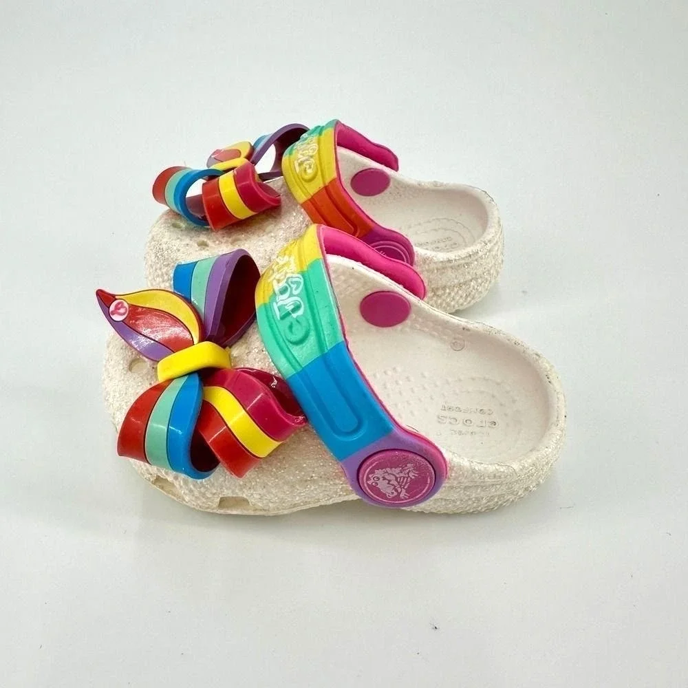 Rainbow Coquette Glitter Crocs‎ Kids Size 4 Bow Slip On Garden Shoes